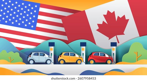 USA Canada trade war concept electric cars charging stations flags landscape
