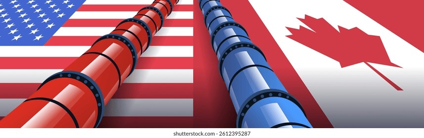 USA Canada trade war concept pipelines flags contrasting colors horizontal format