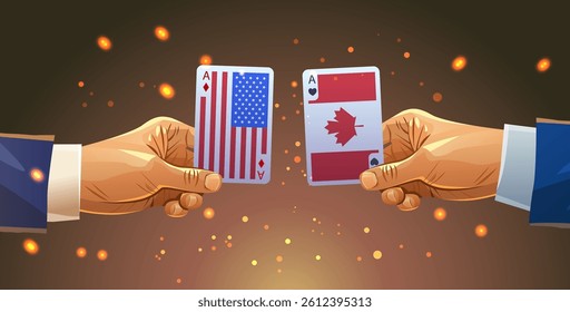 USA Canada trade war concept illustrated by two hands holding playing cards with respective flags against a glowing background symbolizing economic conflict