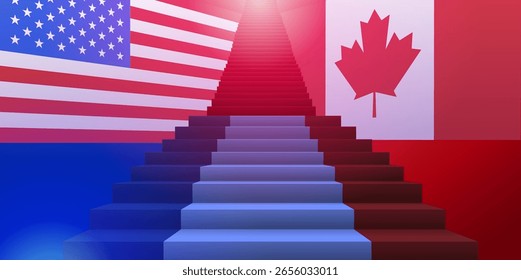 Ilustração do conceito de guerra comercial dos EUA e Canadá. As bandeiras com uma escadaria central simbolizam a tensão econômica. Tons vermelhos e azuis dominam