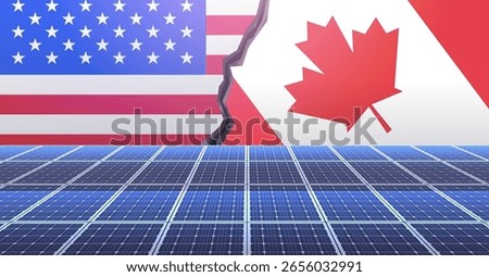 USA Canada trade war concept with solar panels foreground and split flags background in a dramatic scene banner design