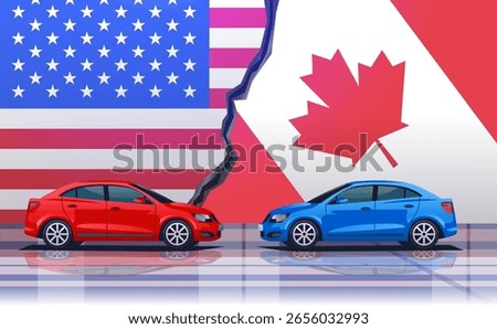 USA Canada trade war concept with cars facing off against split flags background red and blue vehicles represent economic conflict automotive industry
