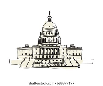 USA Capitol building in Washington hand drawn icon isolated on white background vector illustration. American ethnic culture element, traditional symbol.