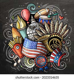 USA cartoon vector doodle chalkboard illustration. Colorful detailed compositions with lot of American objects and symbols.