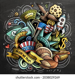 USA cartoon vector doodle chalkboard illustration. Colorful detailed compositions with lot of American objects and symbols.