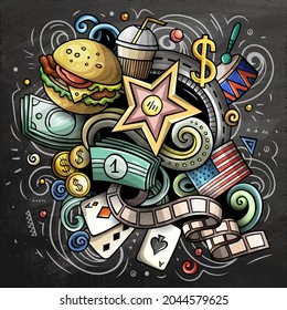 USA cartoon vector doodle chalkboard illustration. Colorful detailed compositions with lot of American objects and symbols.