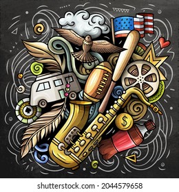 USA cartoon vector doodle chalkboard illustration. Colorful detailed composition with lot of American objects and symbols