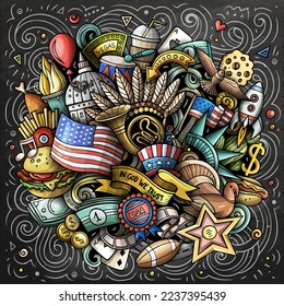 USA cartoon vector doodle chalkboard illustration. Colorful detailed compositions with lot of American objects and symbols.