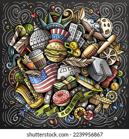 US-Cartoon, Vektorgrafik-Doodle-Chalkboard-Illustration. Farbvolle detaillierte Komposition mit vielen amerikanischen Objekten und Symbolen