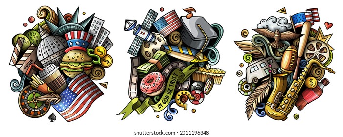 USA cartoon vector doodle designs set. Colorful detailed compositions with lot of American objects and symbols. Isolated on white illustrations