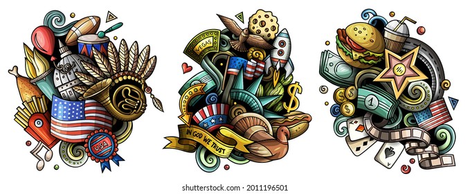 USA cartoon vector doodle designs set. Colorful detailed compositions with lot of American objects and symbols. Isolated on white illustrations