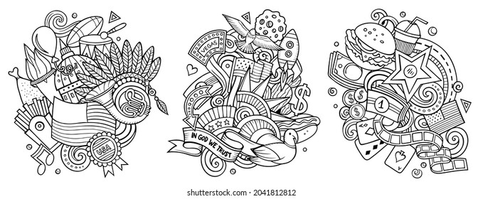 USA cartoon vector doodle designs set. Sketchy detailed compositions with lot of American objects and symbols. Isolated on white illustrations