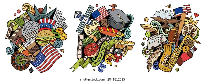 USA cartoon vector doodle designs set. Colorful detailed compositions with lot of American objects and symbols. Isolated on white illustrations