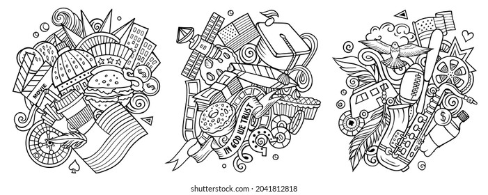 USA Cartoon Vektordoodle Designs Set. Detaillierte Zusammenstellungen mit vielen amerikanischen Objekten und Symbolen. Einzeln auf weißen Illustrationen