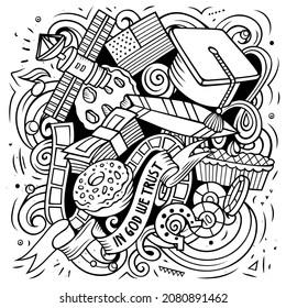 USA cartoon vector doodle illustration. Sketchy detailed composition with lot of American objects and symbols