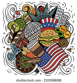 USA cartoon vector doodle illustration. Colorful detailed composition with lot of American objects and symbols