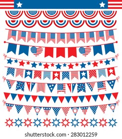 USA celebration buntings garlands flags flat national set for independence day isolated on white background