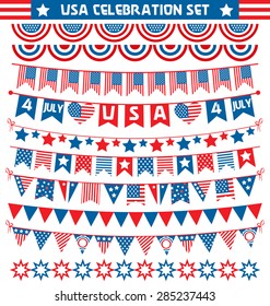 USA celebration buntings garlands flags flat national set for independence day isolated on white background