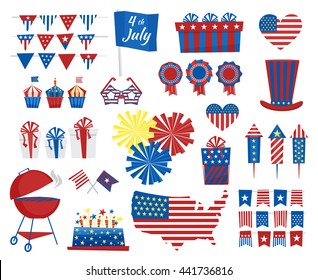 USA celebration cartoon flat national symbols set for independence day isolated on white background. July 4 icons in Independence Day of USA colors. Vector illustration