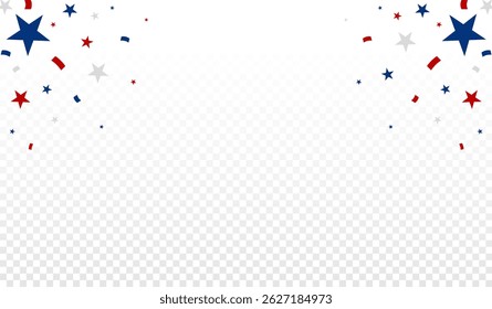USA celebration confetti falling on white background with red, white, and blue colors. American independence day. 4th July celebration elements.