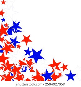 USA Celebration Confetti Stars in National Colors for Independence Day Isolated on White Background.  Flying stars confetti american symbols. Independence day celebration design.