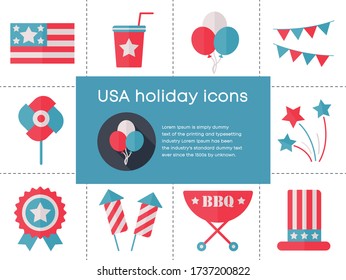 USA celebration flat national icons set for independence day isolated on white background – colored symbols for federal holiday, july 4th independence day