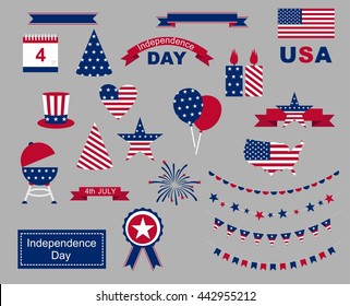 USA celebration flat national symbols set for independence day isolated o n gray background