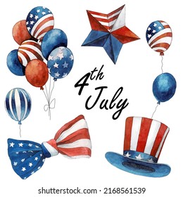 USA celebration vector national symbols set for independence day isolated on white background. Watercolor 4th July clip art. Top hat, balloons, bow, star, american flag