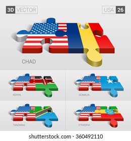 USA and Chad, Kenya, Somalia, Tanzania, Ethiopia Flag. 3d vector puzzle. Set 26.