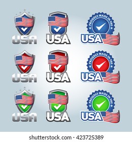 USA checkmark shield. USA and made in USA icons. Set of vector icons, labels, logos. Isolated vector illustrations.