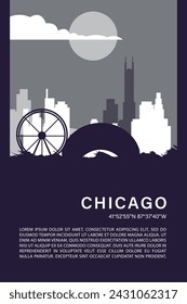 USA Chicago city minimalistic poster with skyline, cityscape retro vector illustration. US Illinois state abstract travel front cover, brochure, flyer, leaflet, flier, template, layout	