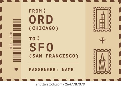 EUA, Chicago - Voo de São Francisco, etiqueta de bagagem, cartão de embarque. Layout de ilustração vetorial para infográfico, cartão postal, adesivo, impressão, promoção em estilo vintage com selos de referência