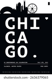 USA Chicago typography minimalist vector poster for event, national festival, independence day, holiday layout. Brochure, leaflet, flyer, presentation image template for America, Illinois