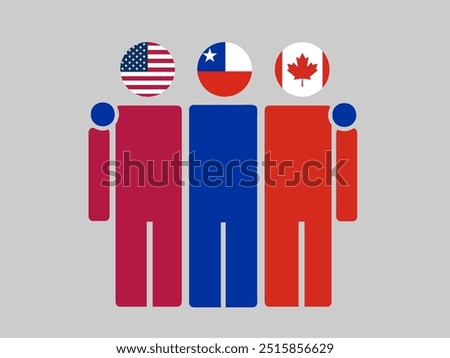 USA, Chile, and Canada National Flags With Embracing Body. Vector Illustration. Isolated background.