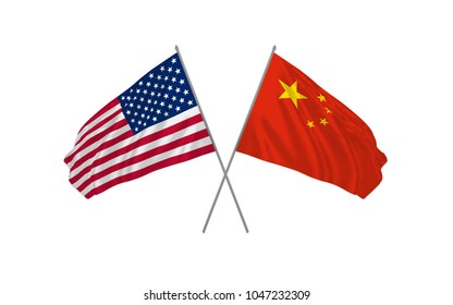 USA and China crossed flags waving in the wind as sign of cooperation or sport competition or diplomatic meeting event. Vector illustration. 