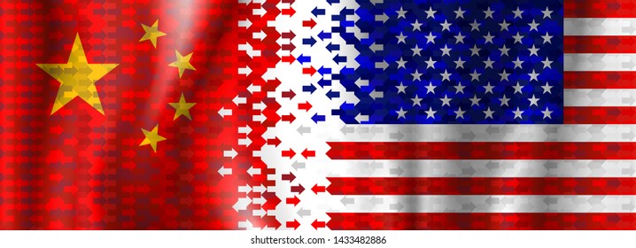 USA and China Flags Background with Arrows Shape Moving in Different Directions, Import and Export Sign for Business Exchange Investment symbol, Trade war and Financial war, Economy conflict concept