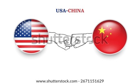 usa and china flags in circle with punches hand. usa And china clash. usa And china flags, isolated on white background. Vector icon set. Vector illustration.