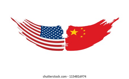 Bandeiras dos EUA e da China. Ilustração vetorial sobre fundo branco