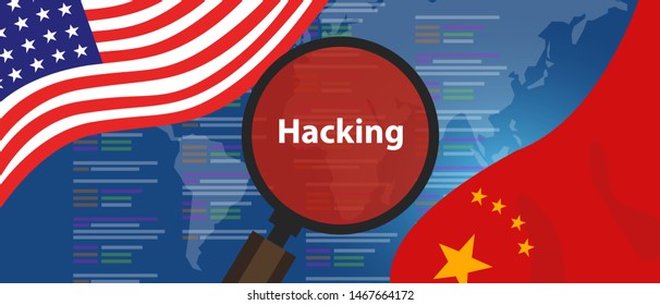 USA China hacking cyber espionage. Chinese hacker investigation of surveillance or security breach illustration