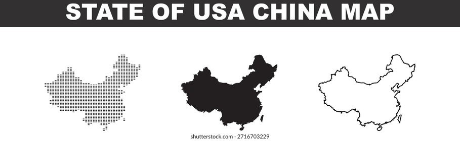 Mapas de Estados Unidos y China en diferentes estilos sobre fondo blanco
