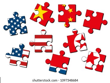 USA, China and North Korea as jig saw puzzle pieces with flags of the United States of America, China and North Korea isolated on white background. Vector illustration