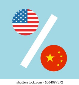 USA and China as percentages. Metaphor of trade war - percents of tariff rates and customs duty. Vector illustration