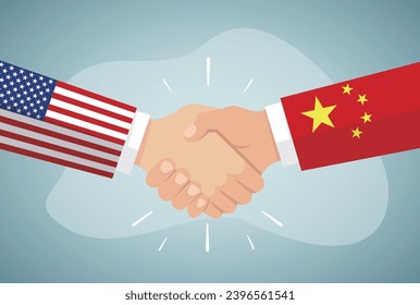 USA and China relations concept. handshake symbol with American and Chinese flags on sleeves. Stock vector illustration in flat design.