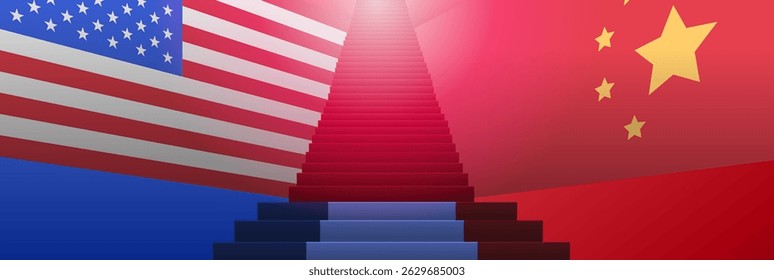 USA China trade conflict concept with flags and a central staircase symbolizing tension between nations. Bold colors and dynamic layout