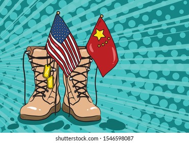 USA and China trade relations, cooperation strategy. USA America and China flags in army boots. The crisis and confrontation of powers in the bright colors of pop art