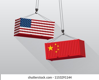 USA and China trade war concept, port crane lift two cargo containers.