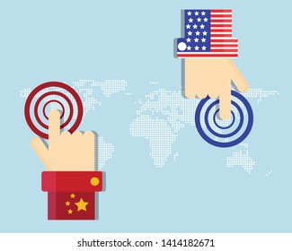 USA and CHINA trade war concept: There are world map, hands with finger touching show CHINA and USA flag 