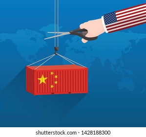 USA and China trade war concept, USA stop importing from China. Businessman hand with scissors cutting import cargo container.