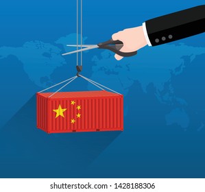 USA And China Trade War Concept, USA Stop Importing From China. Businessman Hand With Scissors Cutting Import Cargo Container.