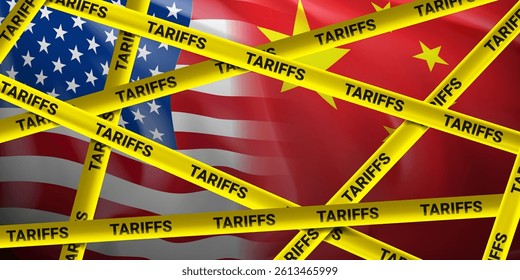 USA and China trade war concept. Economic trade war between USA and China concept. Vector illustration with realistic waving American and Chinese Flags under yellow tapes with lettering tariffs. 